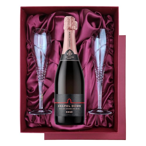 Chapel Down Rose English Sparkling Wine 75cl in Red Luxury Presentation Set With Flutes